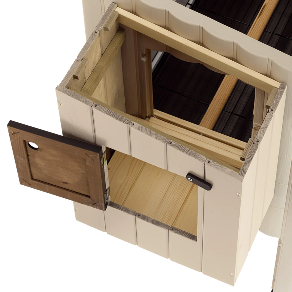 Happy Farm 120 – Kurník z termoplastické pryskyřice s dvojitou zónou a otevíracími dveřmi, ideální pro 6 kuřat