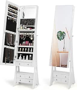 Stojací šperkovnice, bezrámová zrcadlová šperkovnice, 12 LED světel, stojící šperkovnice na líčení se 4 zásuvkami, 41 x 36 x 159 cm (bílá)