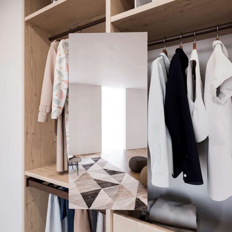 Výsuvné zrcadlo do šatní skříně, mokka lakované, ocel a technoplast a sklo.