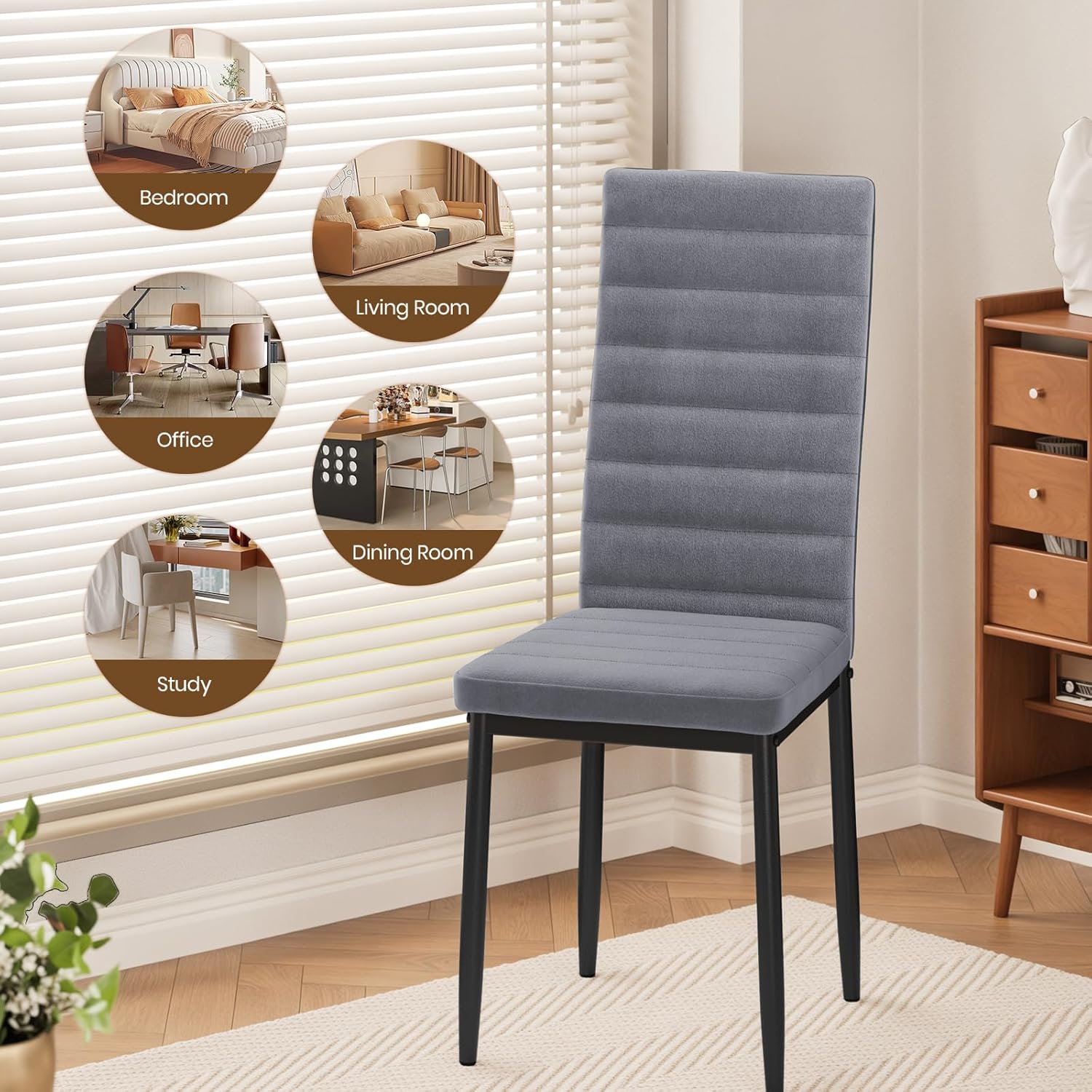 Sada 6 moderních jídelních židlí s vysokým opěradlem a polstrováním do kuchyně a jídelny, tmavě šedý flanel