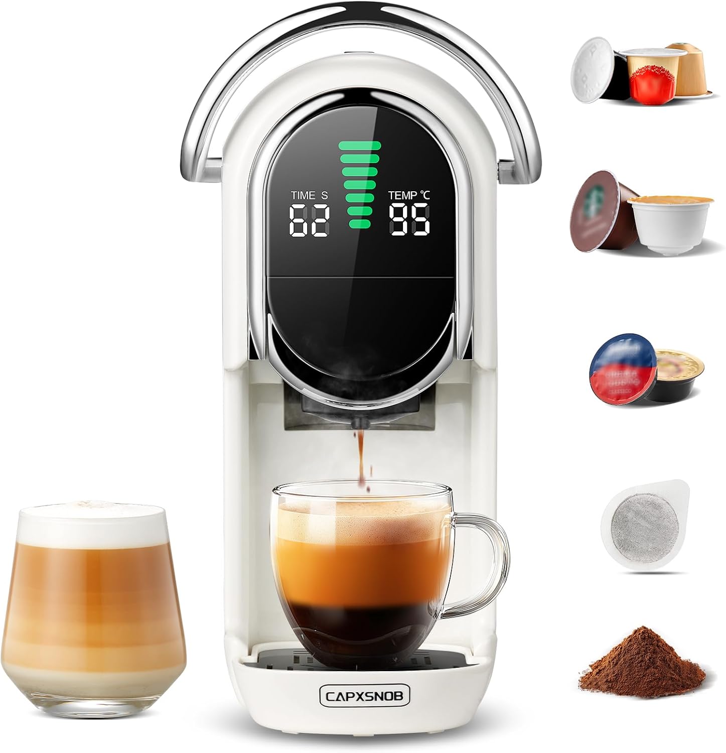 Magician1 Mini kávovar s kapslemi 5v1 pro Nespresso Originals, Dolce Gusto, Lavazza A Modo Mio, ESE 44 kapslí a mletou kávu, 20 barů, 1450 W, LED displej, 7 úrovní nastavitelných hladin vody