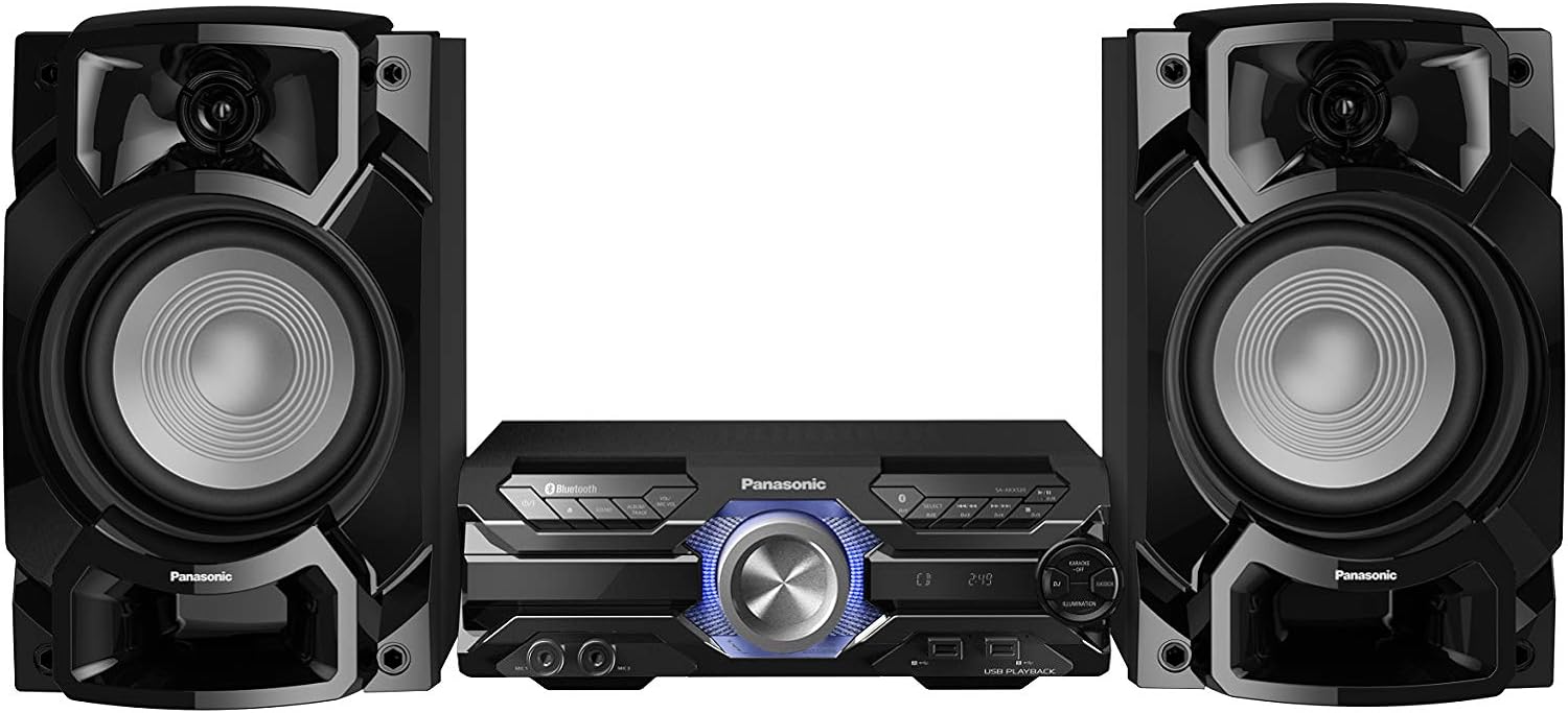 Panasonic SC-AKX320, 450W vysoce výkonná audio sada, 16cm basový reproduktor, 6cm výškový reproduktor, Bluetooth, duální USB, CD AUX, DJ jukebox, DJ Hi-Fi, čistý zvuk, černá