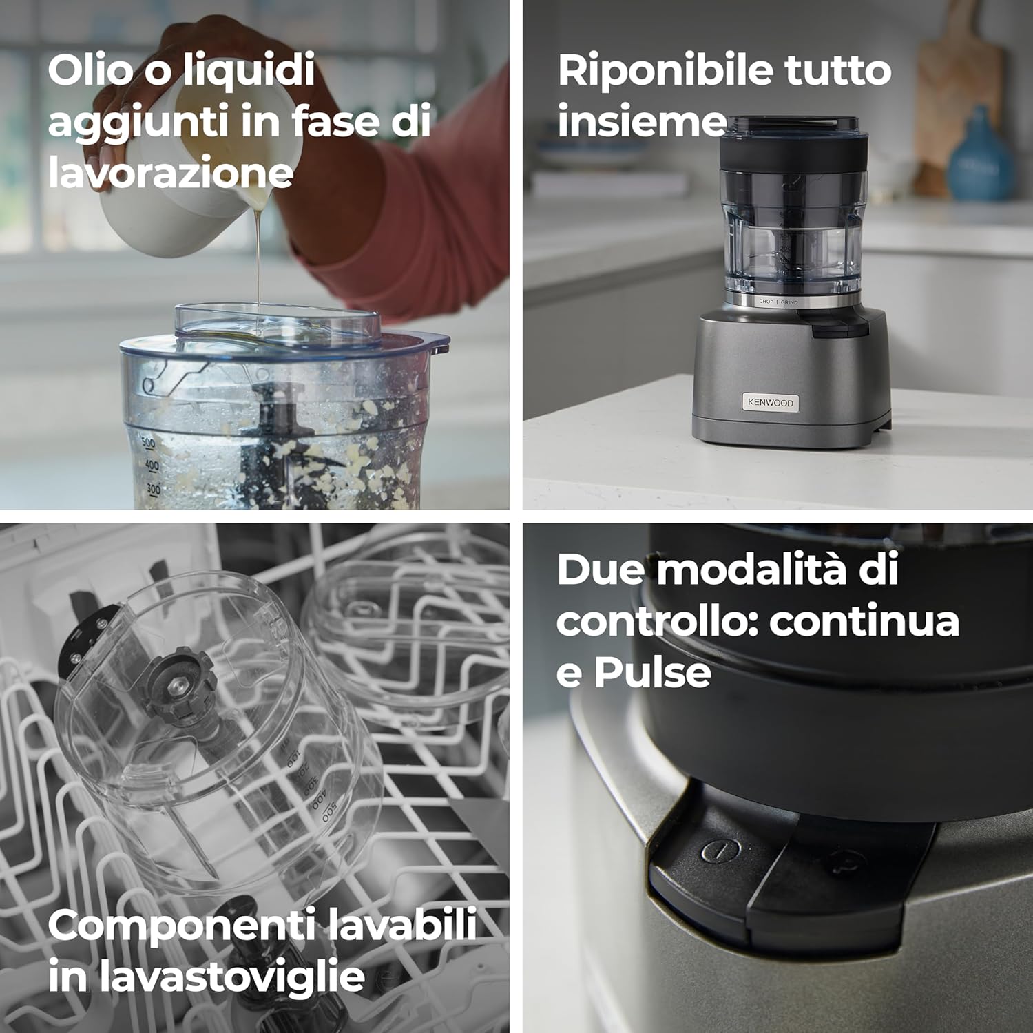 Sekáček Kenwood CHP61.100WH, výkon 500 W, mísa o objemu 0,5 l, 2 rychlosti, systém se čtyřmi noži, protiskluzový kroužek pro stabilitu sekáčku, vhodný do myčky nádobí, bílá/stříbrná