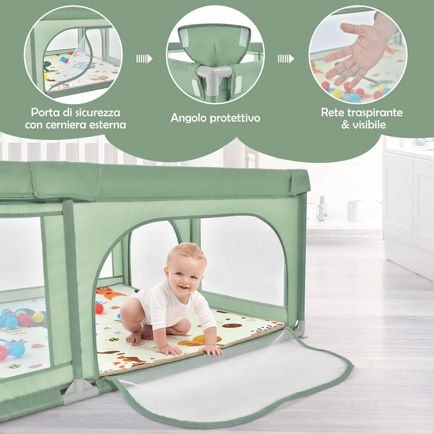 Dětská ohrádka s matrací, Dětská ohrádka s podložkou, prodyšná síťovina a zapínání na zip, Ohrádka s taškou, 4 rukojeti a 50 míčky, pro děti 0-3 roky (zelená)