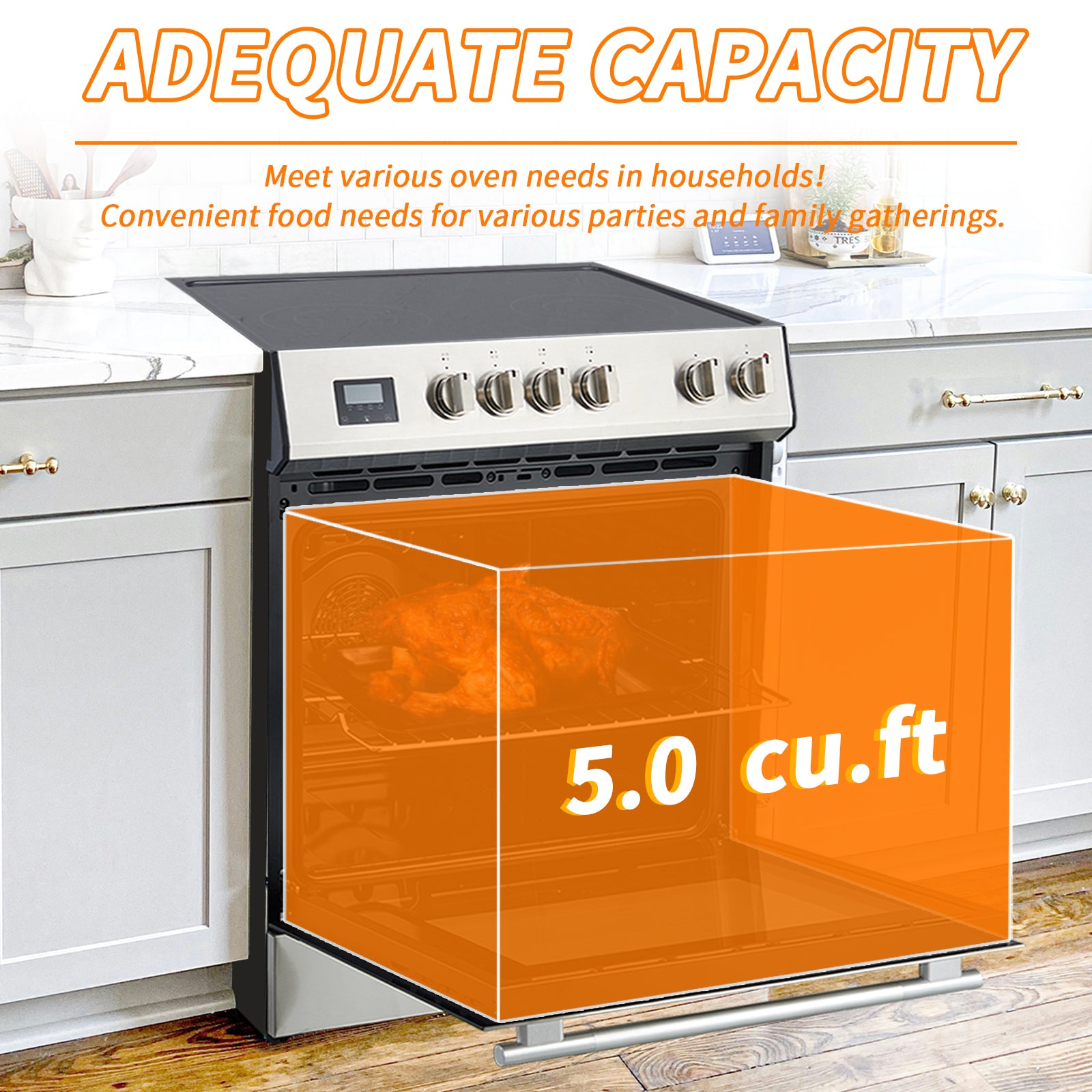 Elektrická trouba s předním ovládáním, 5 varnými deskami a 6 stupni výkonu, volně stojící trouba, objem 5,0 kubických stop, nerezová ocel