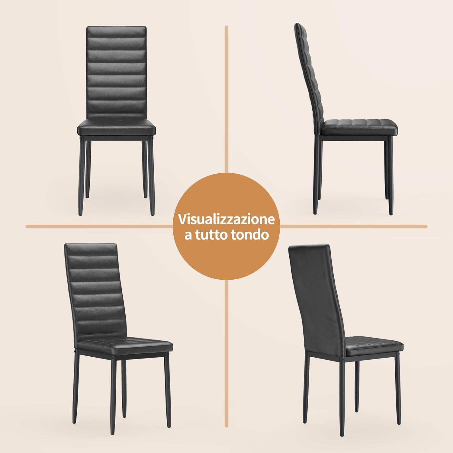 Sada 6 moderních jídelních židlí s vysokým opěradlem a polstrováním do kuchyně a jídelny, tmavě šedý flanel