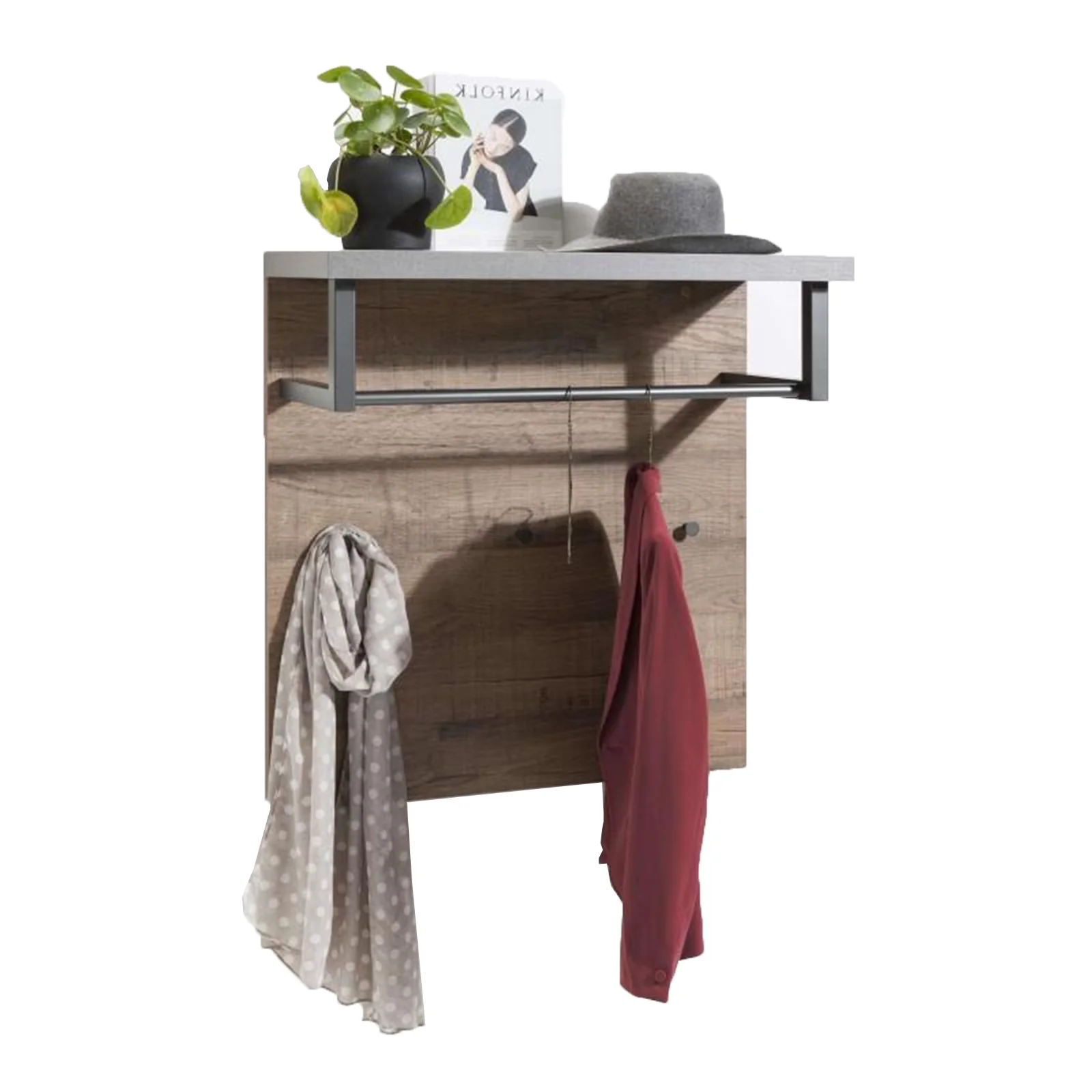 Moderní věšák na kabáty do vchodu s dřevěnou policí, výška 84 cm