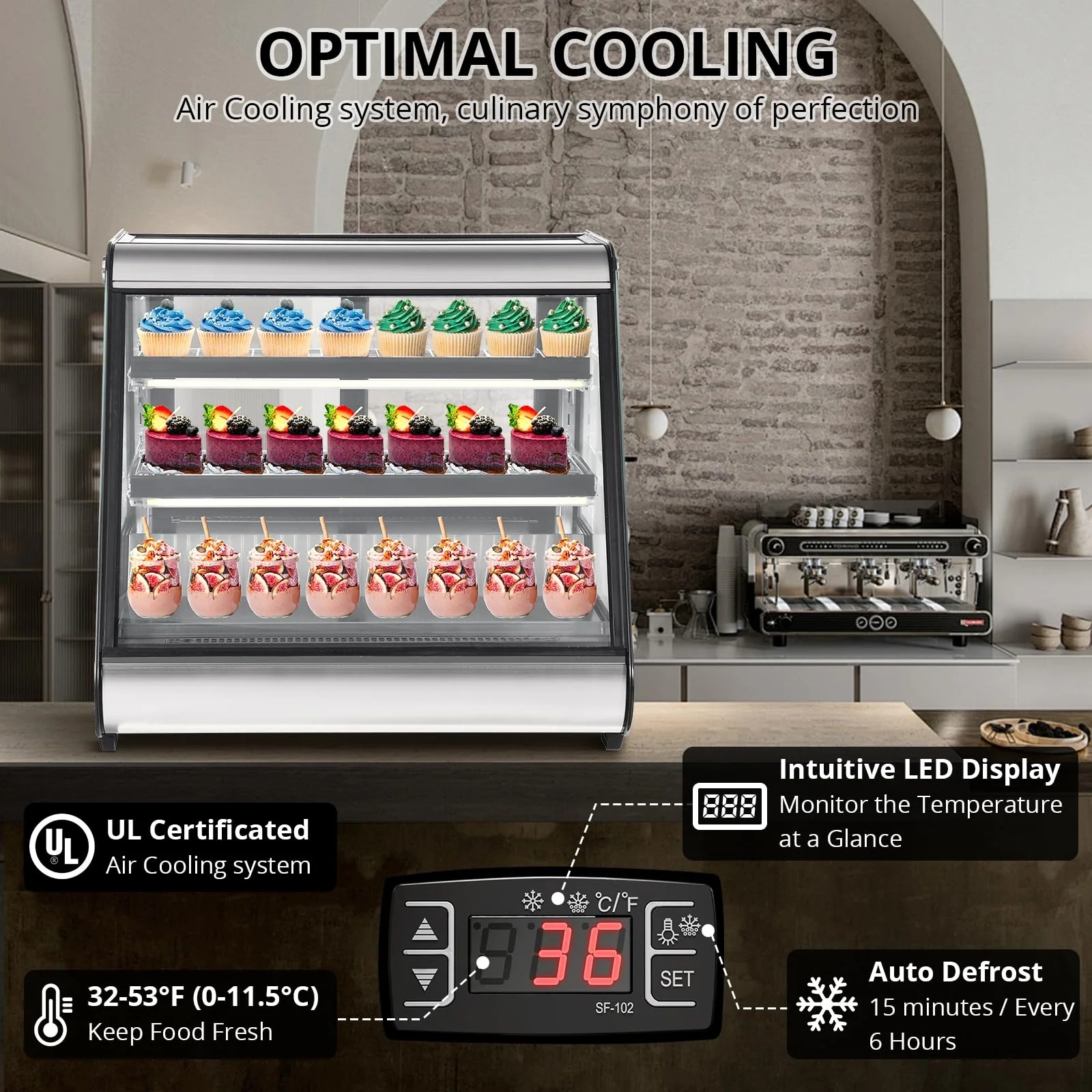Vitrína pro komerční chladničky 2025, 130 l (4,6 kubických stop) – automatické odmrazování, tvrzené sklo + LED osvětlení, pracovní deska, komerční použití