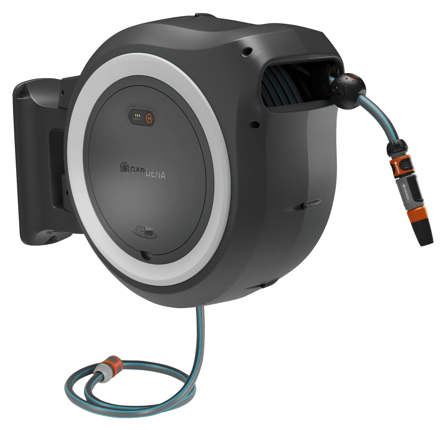 Gardena nástěnný akumulátorový naviják hadice PowerRoll XL připravený k použití: Automatický naviják hadice s 35m zahradní hadicí, vodítkem hadice a systémem RollControl, kompletní sada s baterií (18642-20)