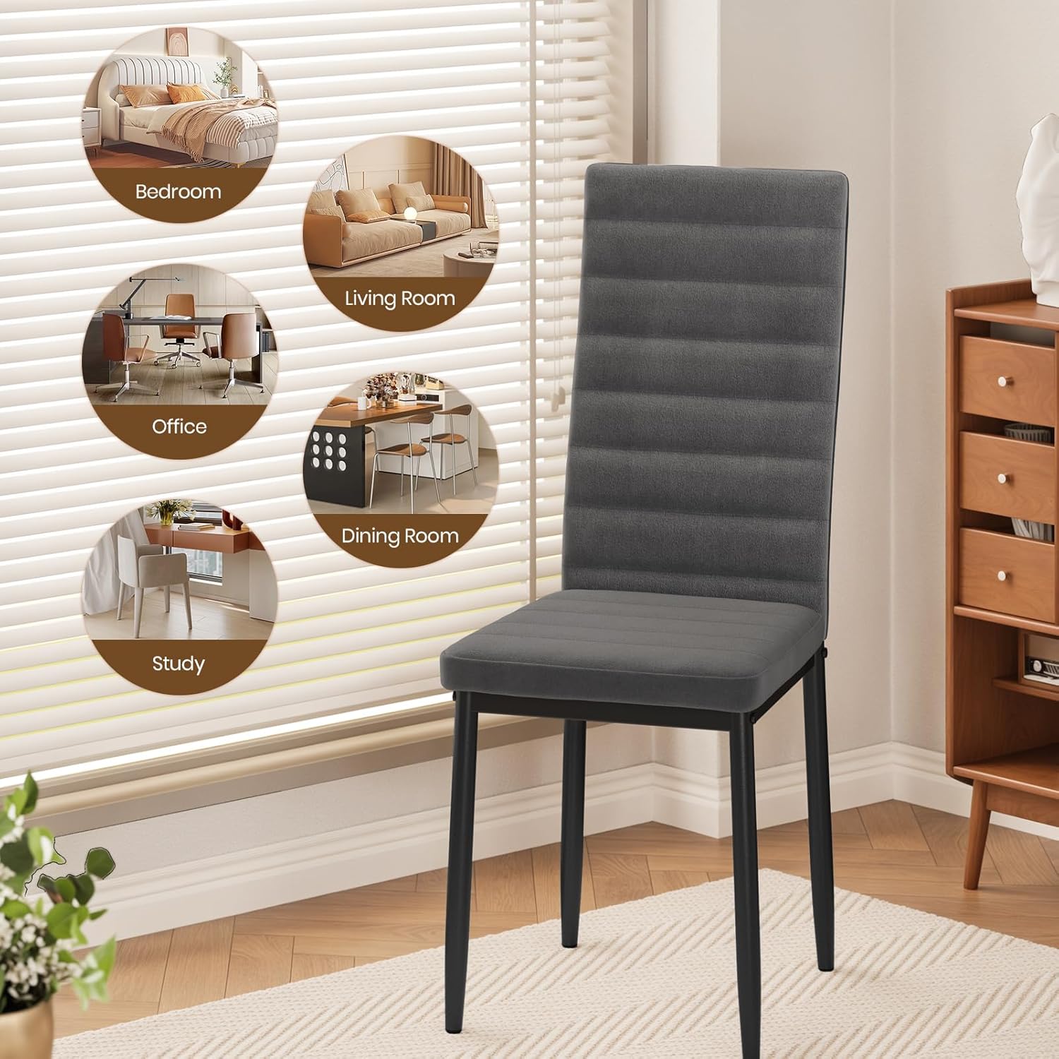 Sada 6 moderních jídelních židlí s vysokým opěradlem a polstrováním do kuchyně a jídelny, tmavě šedý flanel