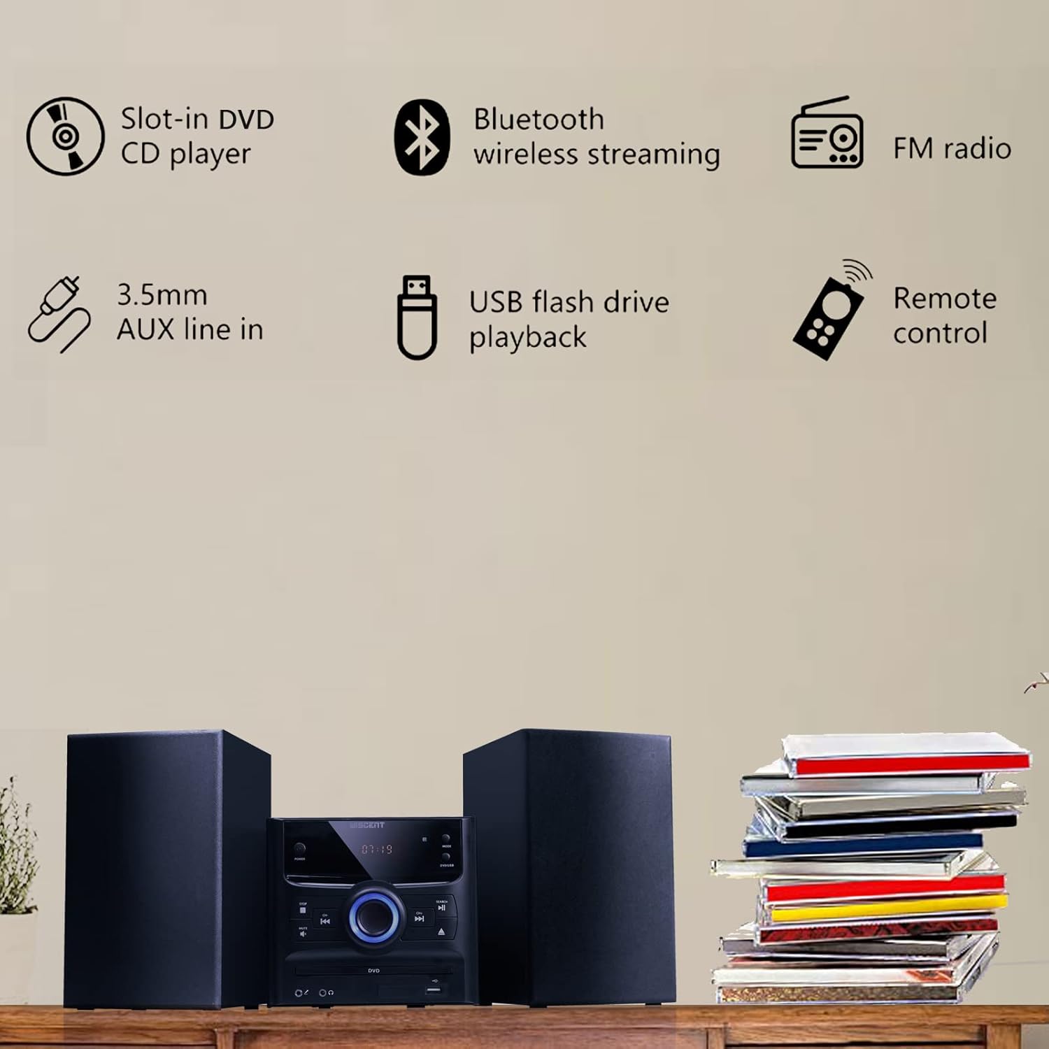 WISCENT Bluetooth domácí stereo systém, kompaktní mikro HiFi systémy s Bluetooth, CD přehrávač, DVD přehrávač, FM rádio, USB, MP3, AUX-in, mikrofon, 30 W, kompaktní Hi-Fi stereo CD přehrávač