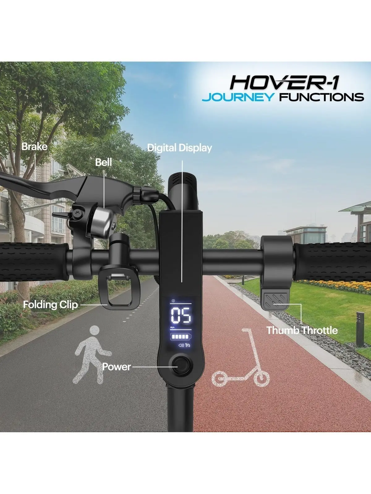 Elektrická koloběžka Hover-1 Journey 22 km/h, dojezd 26 km, nabíjení 5 hodin, LCD displej, 8,5palcové pneumatiky s vysokou přilnavostí, maximální hmotnost 100 kg, certifikovaná a testovaná - bezpečná pro děti, teenagery i dospělé