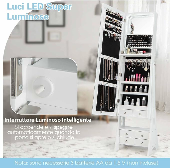 Stojací šperkovnice, bezrámová zrcadlová šperkovnice, 12 LED světel, stojící šperkovnice na líčení se 4 zásuvkami, 41 x 36 x 159 cm (bílá)