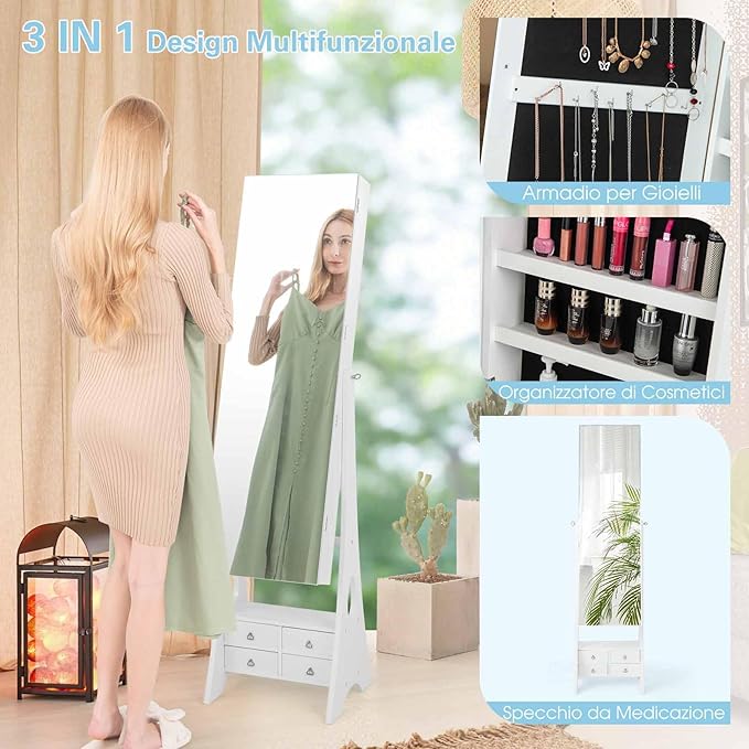 Stojací šperkovnice, bezrámová zrcadlová šperkovnice, 12 LED světel, stojící šperkovnice na líčení se 4 zásuvkami, 41 x 36 x 159 cm (bílá)