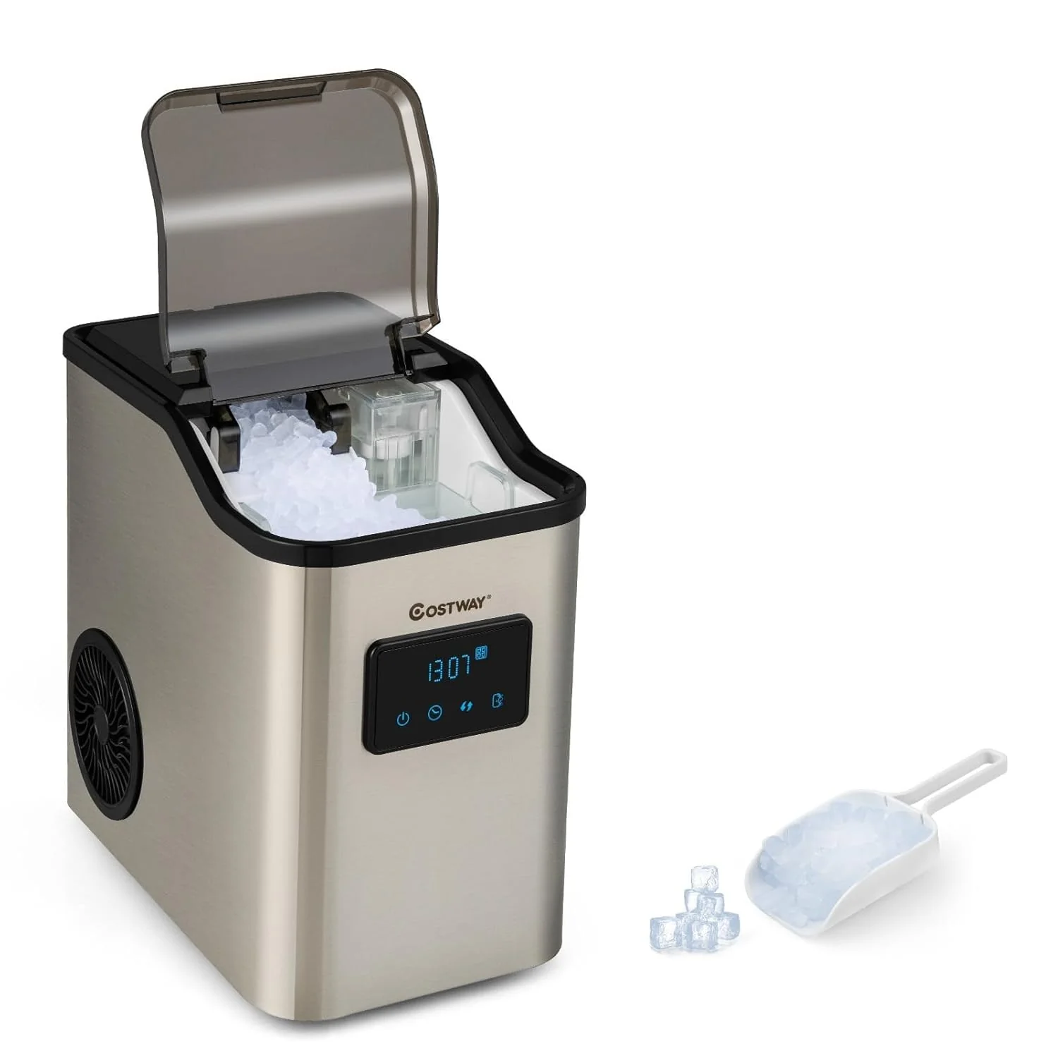 Výrobník ledu 24 kg/24 h, 2 režimy doplňování vody, samočištění a nerezová povrchová úprava, výrobník ledu pro domácnost, kancelář a bar