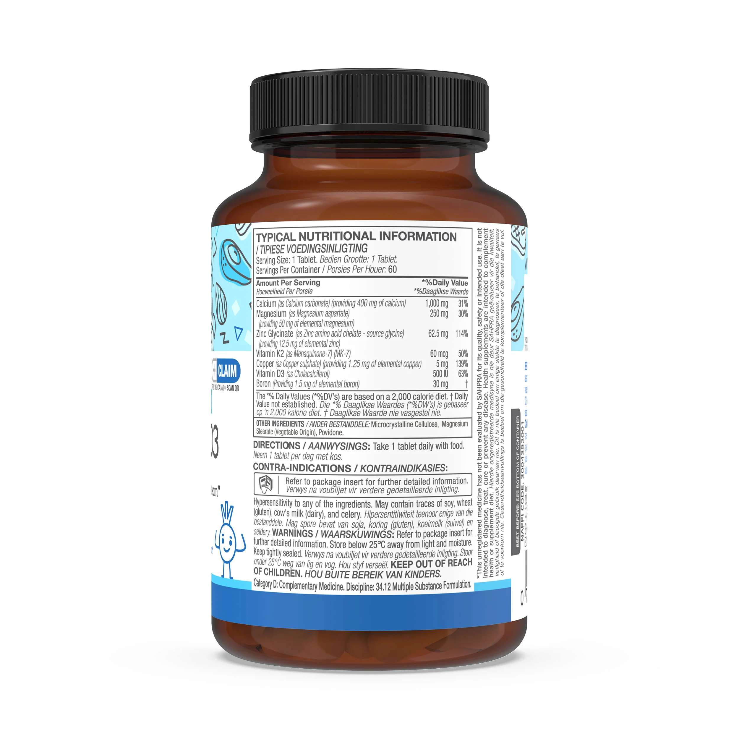 Calcium 400mg with Magnesium 50mg, Vitamin D3 500iu, Zinc 12.5mg & Vitamin K2 60mcg (MK7) 60 Coated Tablets