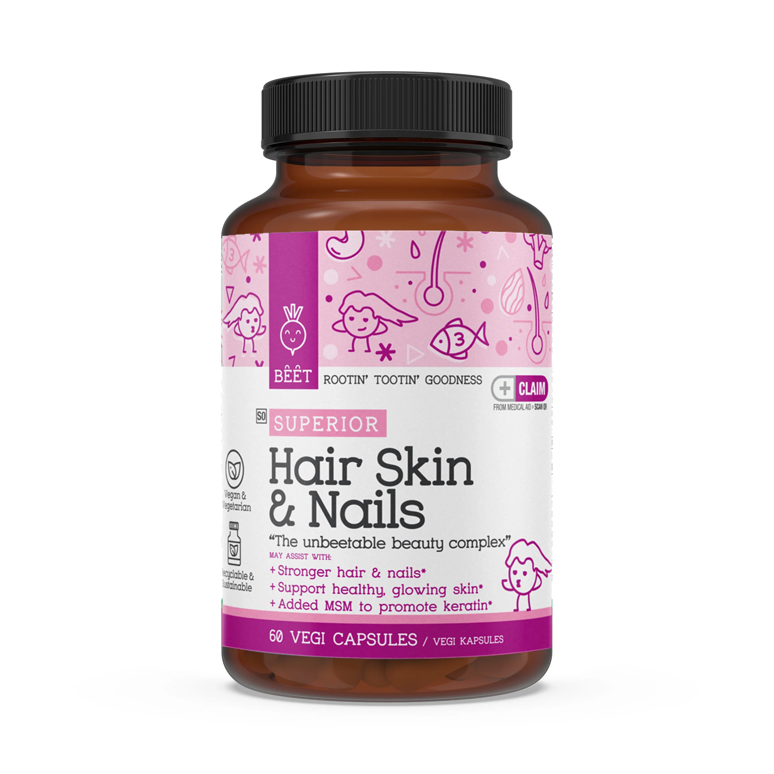 Superior Hair Skin & Nails with Biotin 250mcg, L-Proline 200mg, Horsetail Extract 100mg & MSM 200mg 60 Vegi Capsules