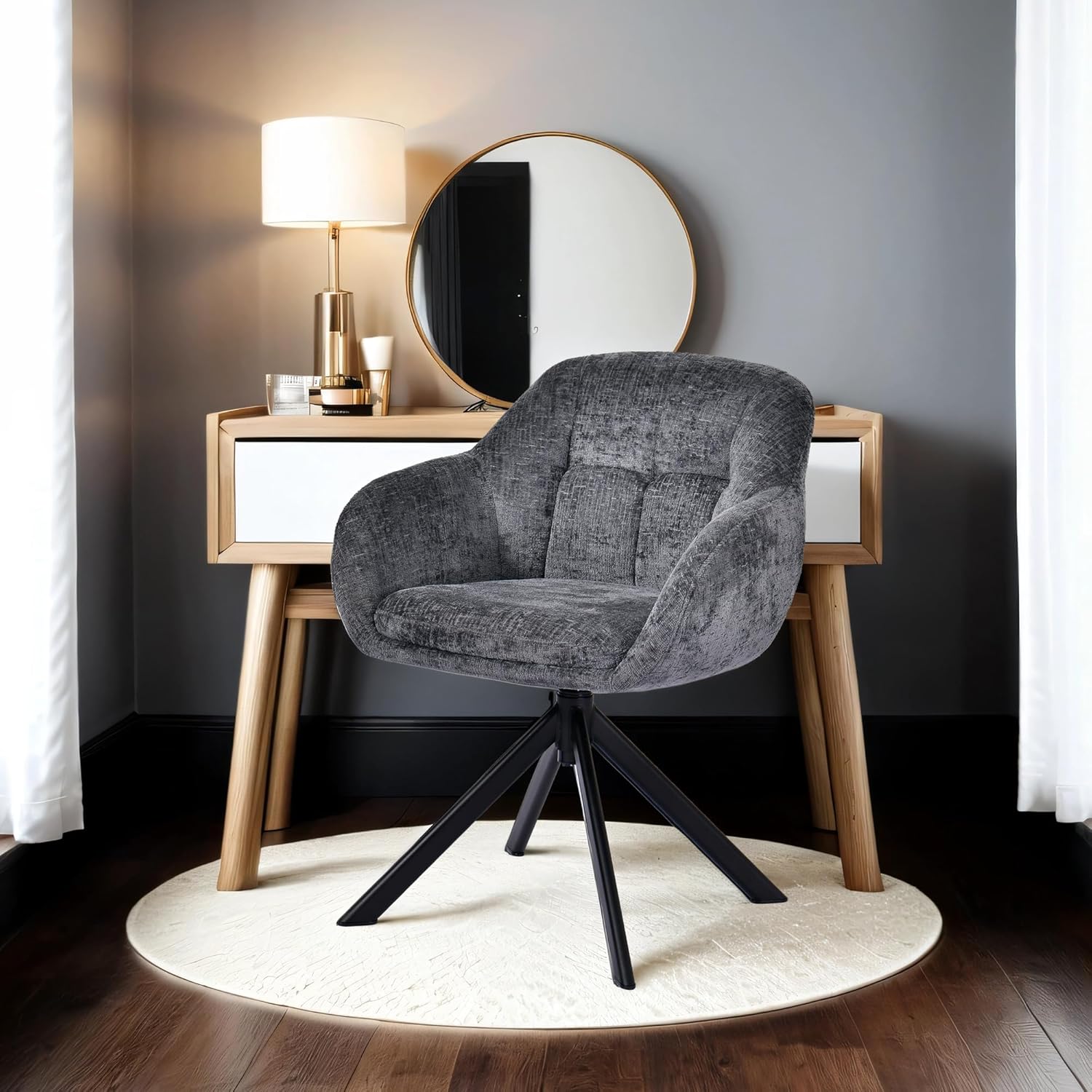 Duhome Loungesessel Armlehnstuhl aus Chenille-Stoff, Schminktisch Stuhl Esszimmerstuhl Sitzschale 360° drehbar 9-213A
