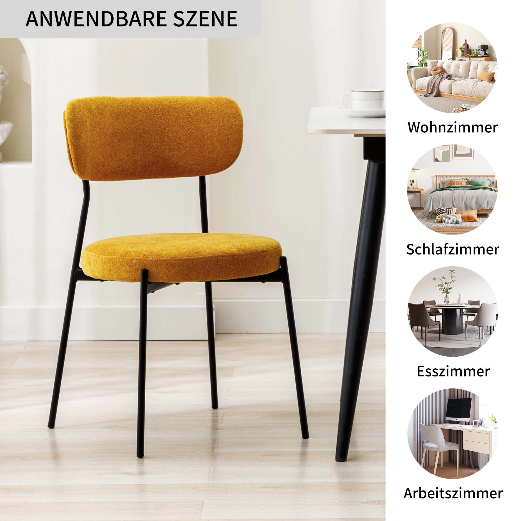 Duhome Esszimmerstühle Küchenstuhl 2er Set Polsterstuhl Wohnzimmerstuhl aus Bouclé Polsterstoff und Metallbeine für Küche Esszimmer Lounge Wohnzimmer Schlafzimmer, Gelb