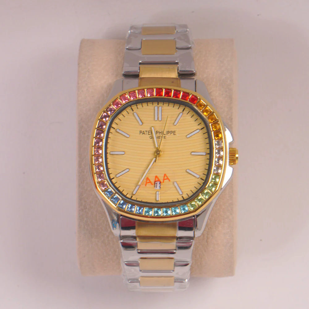 Two Tone Mans Chain Wrist Watch Golden Dial