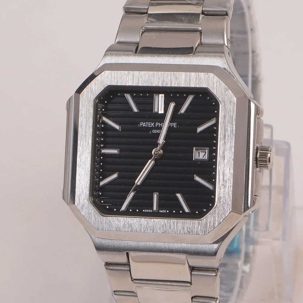 Mens Chain Silver Square Wrist Watch Black Dial