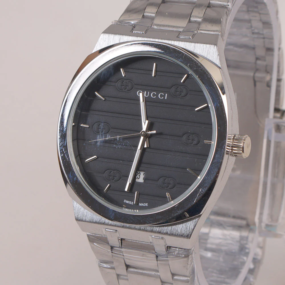 Mens Chain Silver Wrist Watch Black Dial