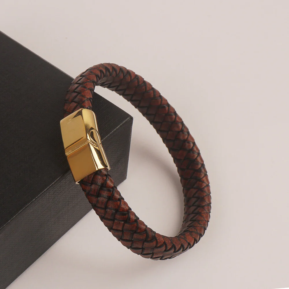 Brown Leather Golden magnetic lock Leather Bracelet