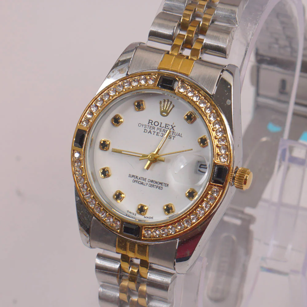 Two Tone Silver Chain Womans Watch Black