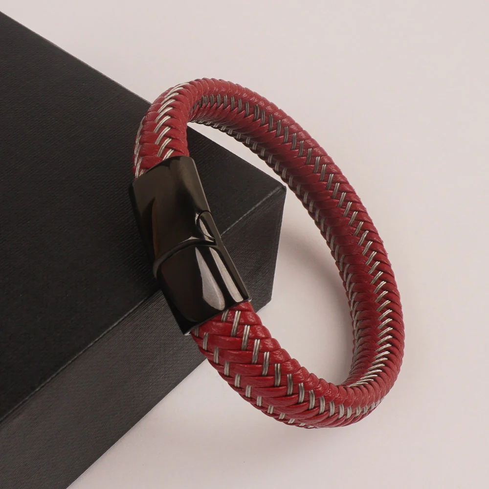 Red Leather silver Wire with Black magnetic lock Leather Bracelet
