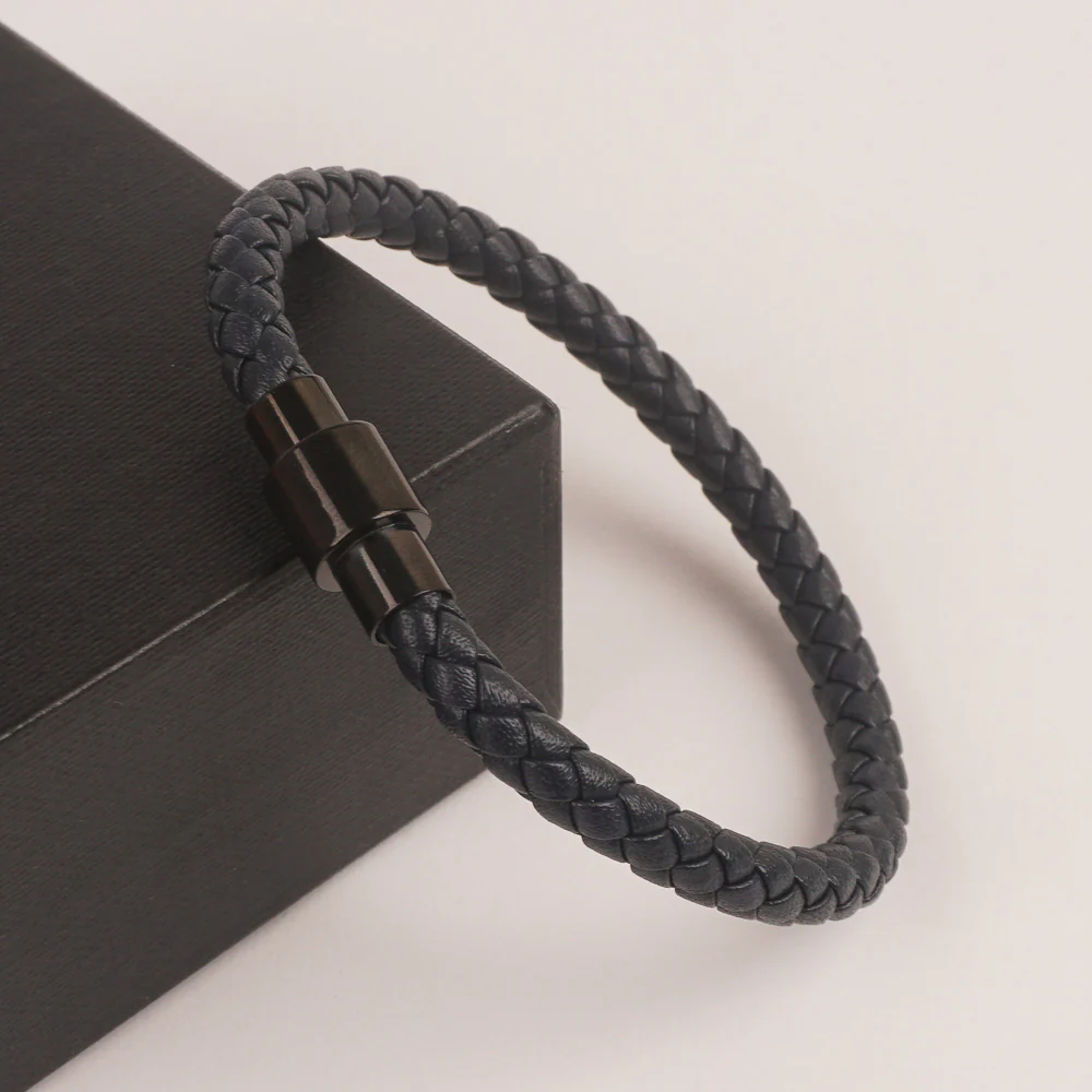 Navy Blue Leather with Black Lock Leather Fashion Bracelet