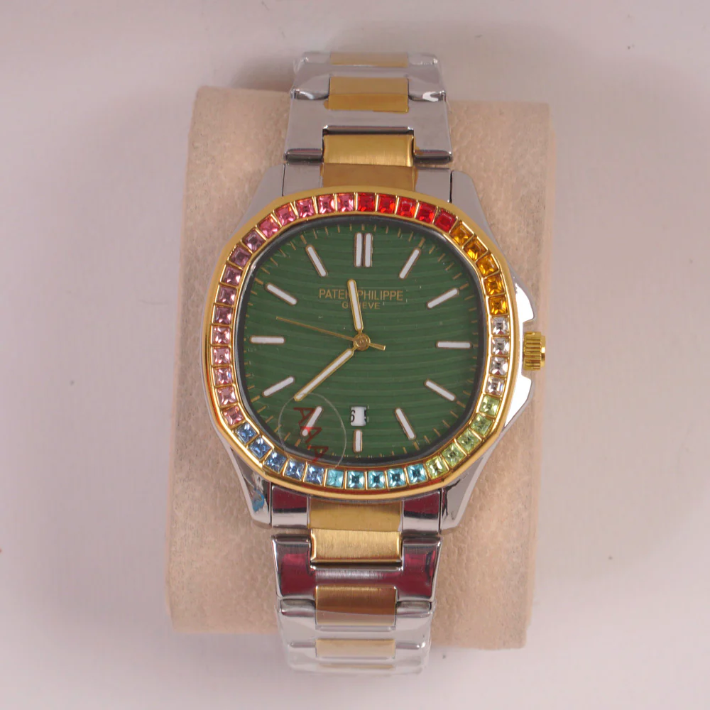 Two Tone Mans Chain Wrist Watch Green Dial
