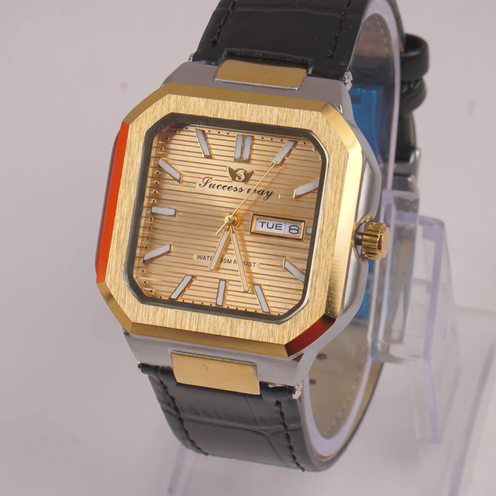 Man's Wrist Watch Golden Dial with Black Straps