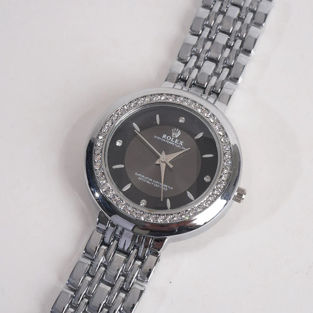 Women Chain Wrist Watch Silver With Black Dial R