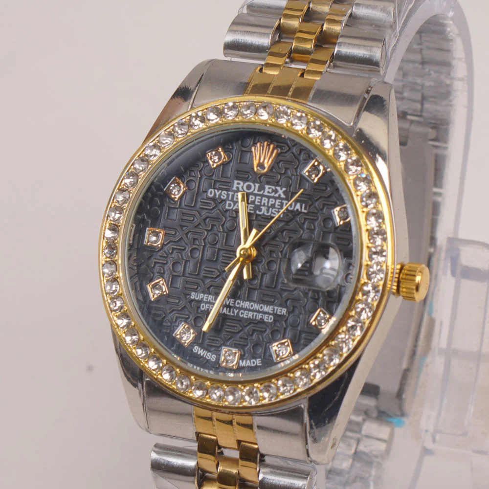 Two Tone Silver Chain Womans Watch Black Dial