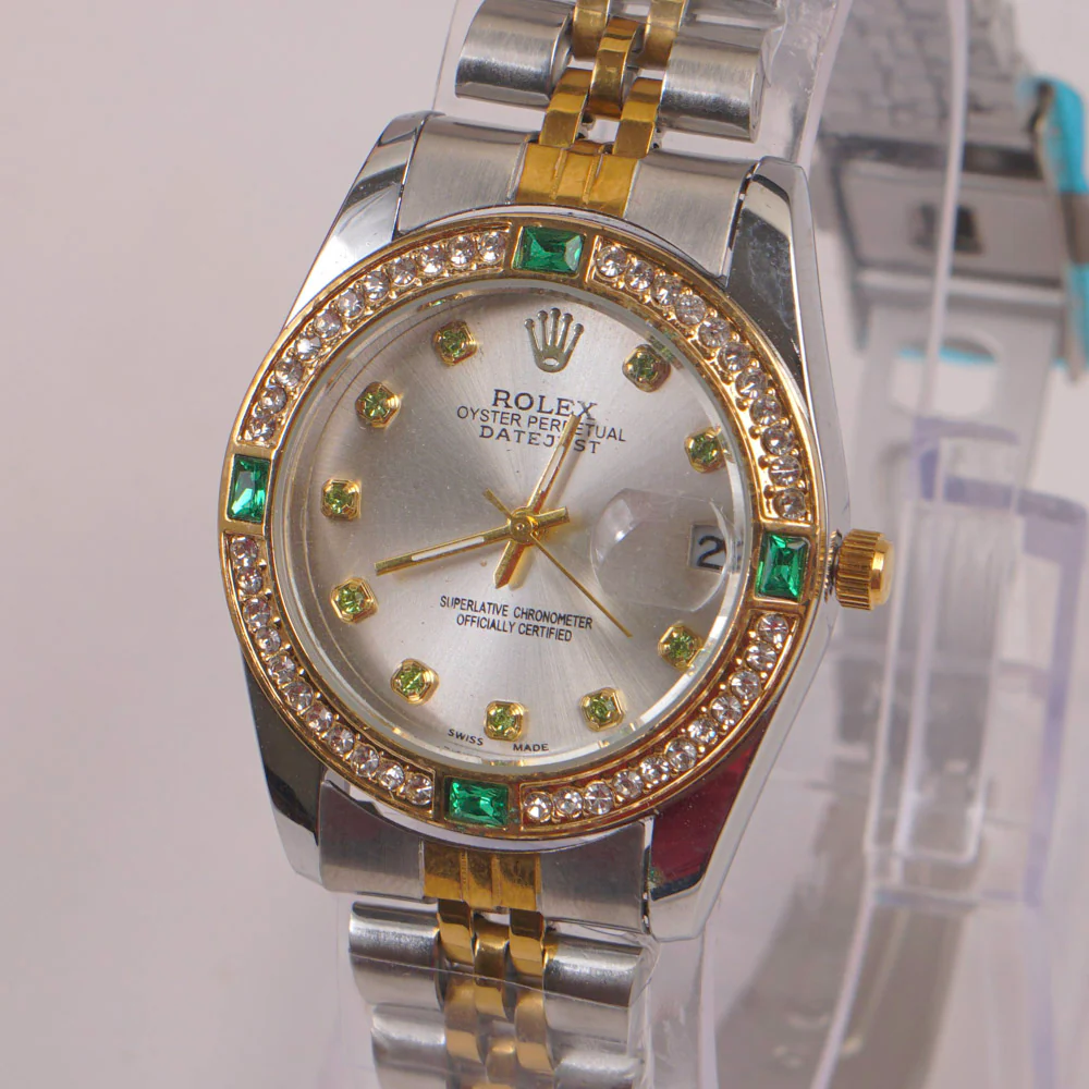 Two Tone Silver Chain Womans Watch Green