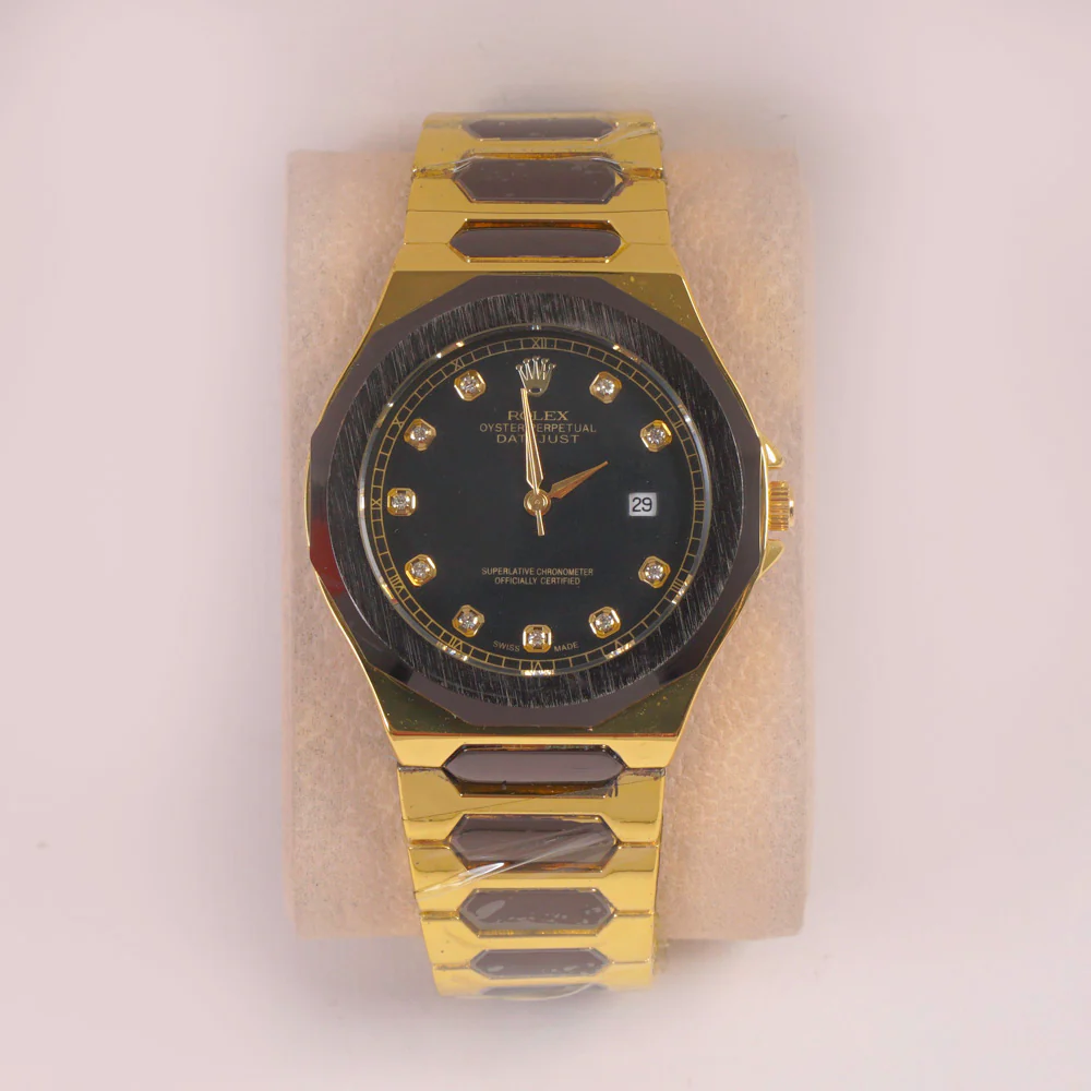 Two Tone Mans Chain Wrist Watch Black Dial