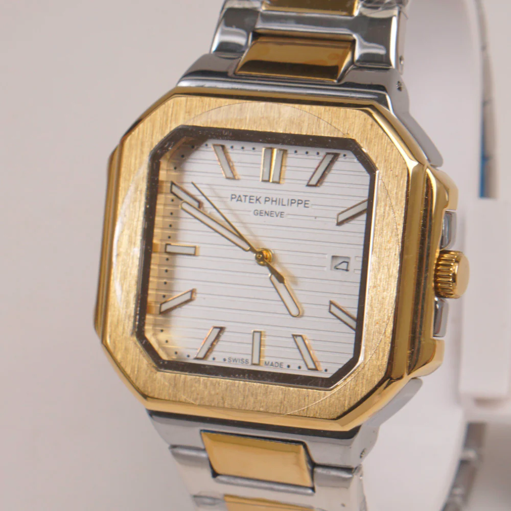 Two Tone Mens Chain Square Wrist Watch White Dial