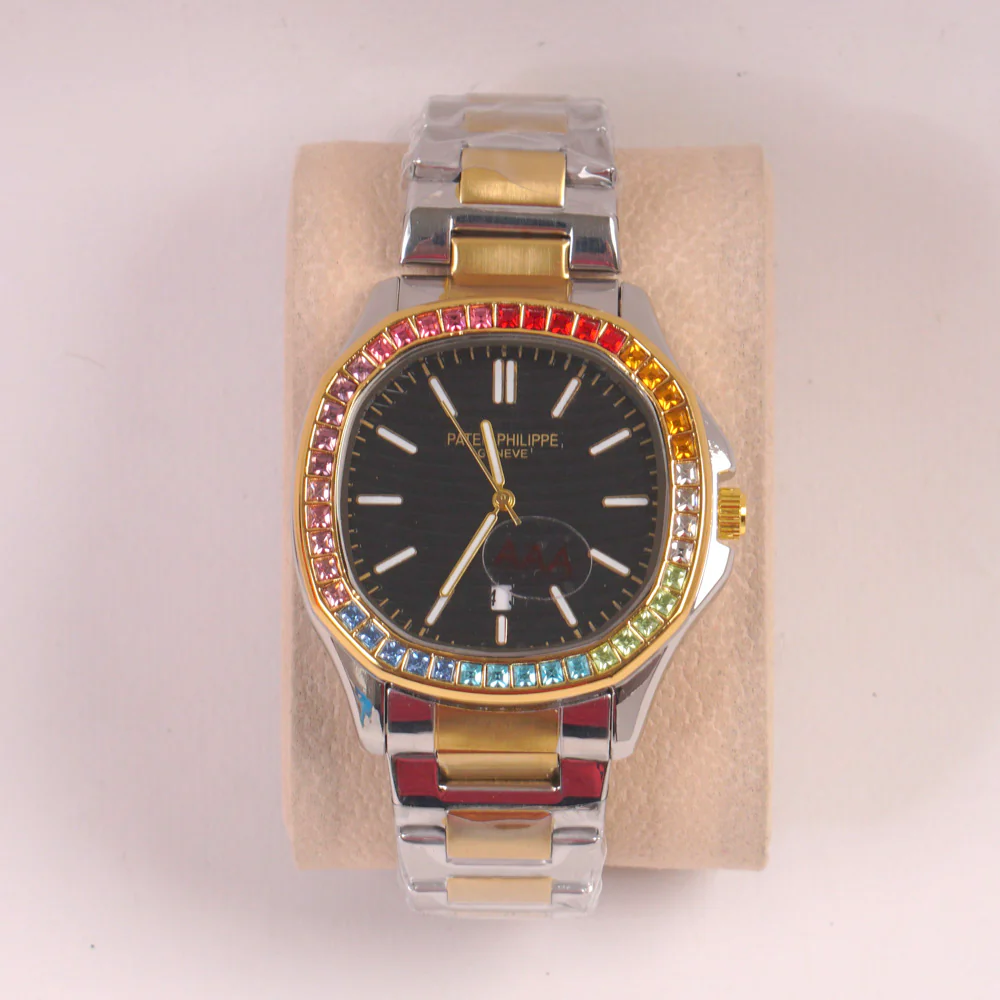 Two Tone Mans Chain Wrist Watch Black Dial