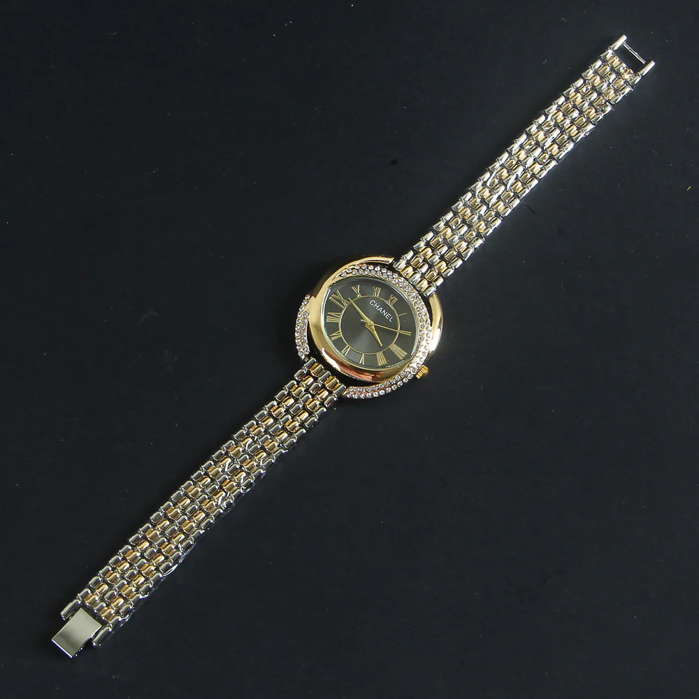 Two Tone Women Chain Wrist Watch Golden Black C