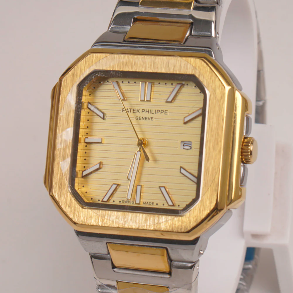 Two Tone Mens Chain Square Wrist Watch Golden Dial