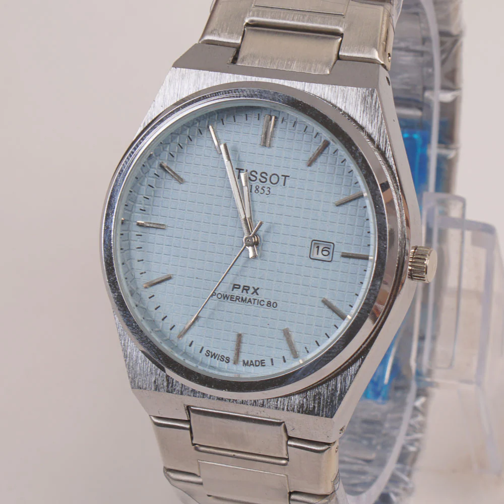 Mens Chain Silver Wrist Watch light blue  Dial