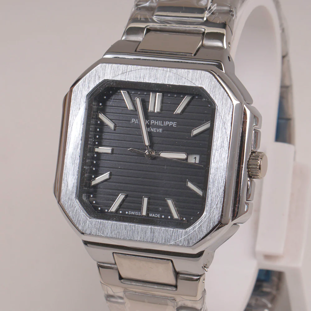 Mens Chain Silver Square Wrist Watch Black Dial