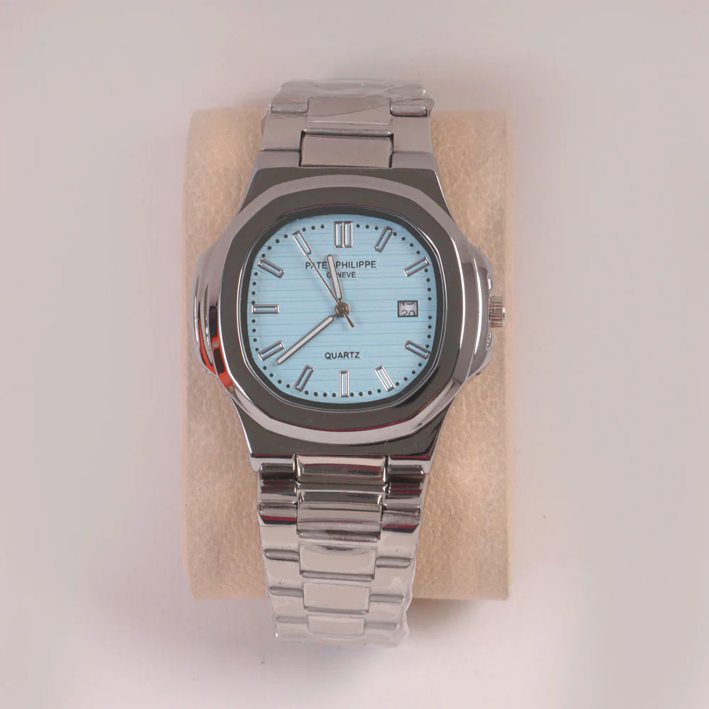 Mans Silver Chain Wrist Watch Cyan Dial