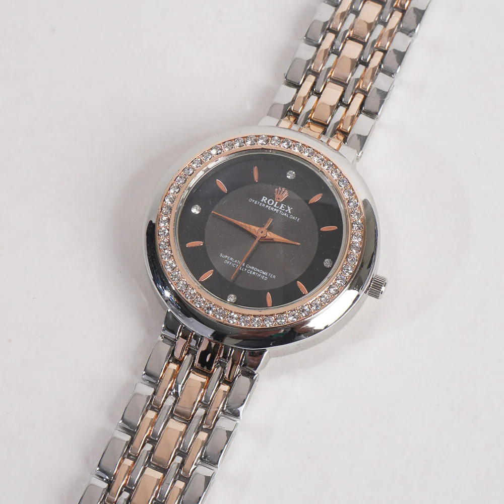 Women Chain Wrist Watch Two Tone Black R
