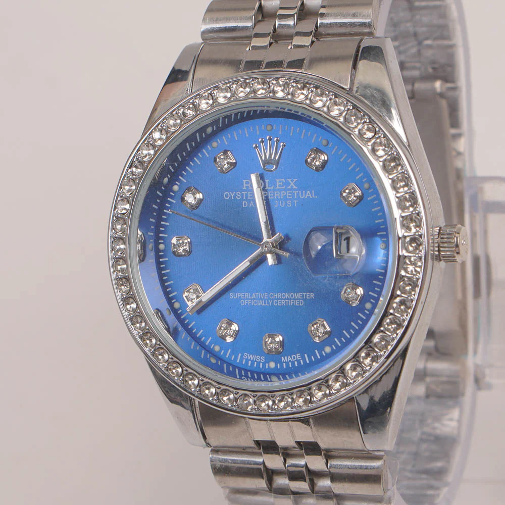 Mens Chain Silver Wrist Watch Blue Dial