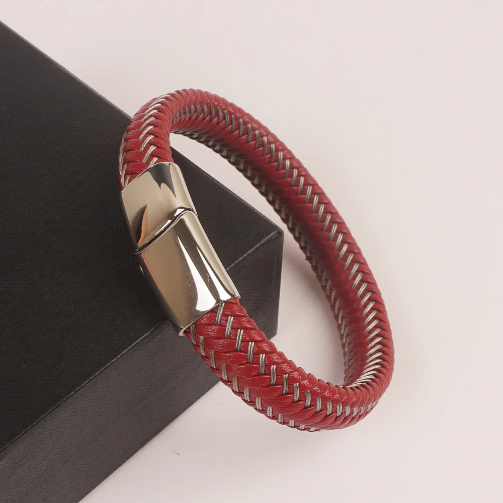 Red Leather silver Wire with Silver magnetic lock Leather Bracelet