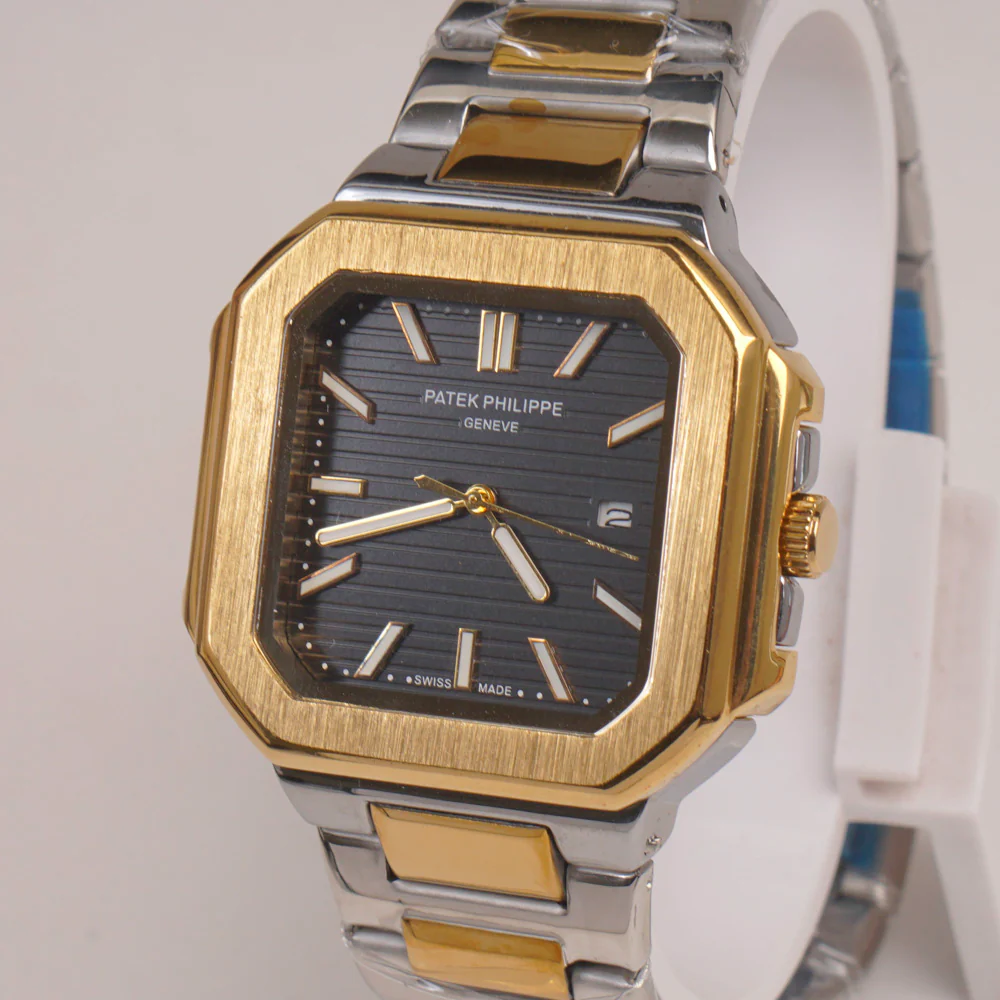 Two Tone Mens Chain Silver Square Wrist Watch Black Dial