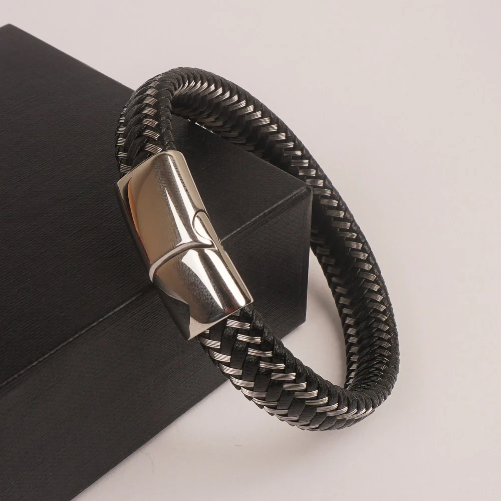 Black Leather silver Wire with Silver magnetic lock Leather Bracelet