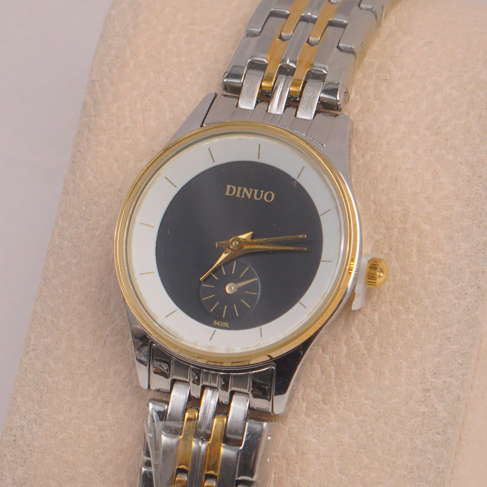 Two Tone Silver Chain Womans Watch Black Dial