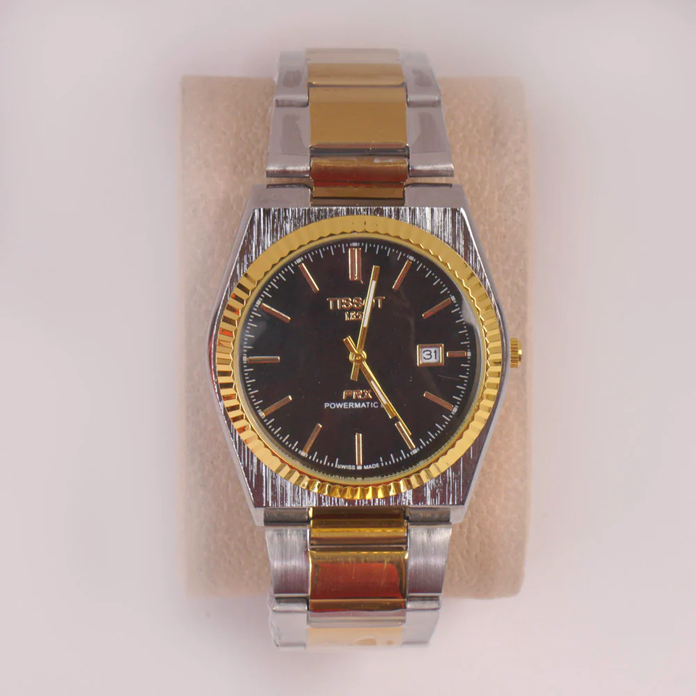 Two Tone Mans Chain Wrist Watch Black Dial